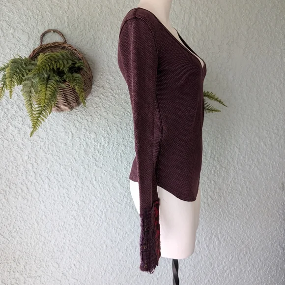 Free People Art School Embroidered S V-Neck Thermal Waffle Knit Long Sleeve Top - Picture 7 of 9